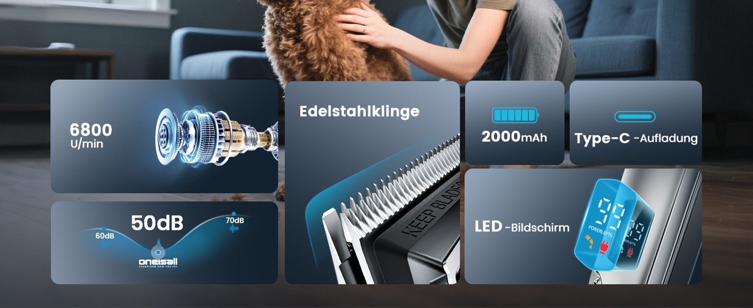 Машинка для стрижки собак з довгим та густим хутром Oneisall Profi Leise: професійна модель з нержавіючою сталею, для собак, котів та коней, час роботи до 4 годин