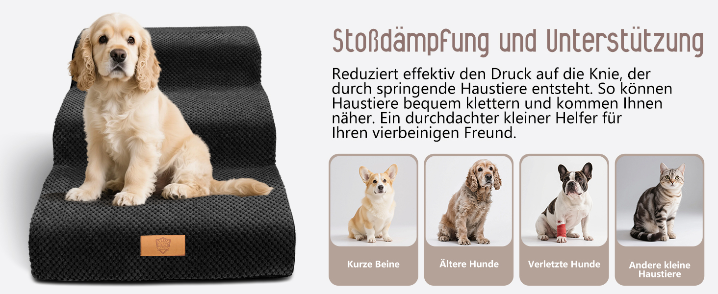 Сходинки для собак, 4 ступені, знімний поручень, неслизьке покриття, для ліжка та дивану, з високощільним губчастим наповнювачем (чорний)