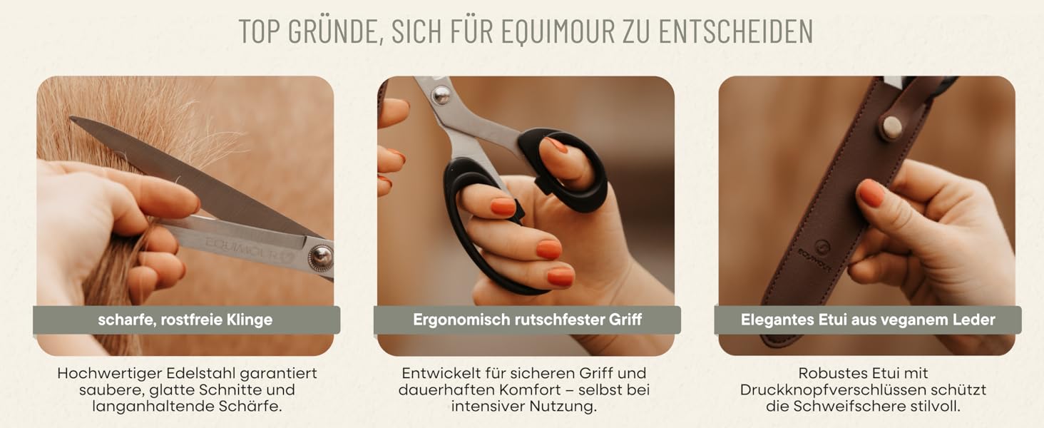 Ножиці для хвоста коня Equimour – професійні ножиці з нержавіючої сталі | Точний зріз для густого хвоста | Ергономічна ручка & чохол з веганської шкіри | Аксесуар для догляду за хвостом коня