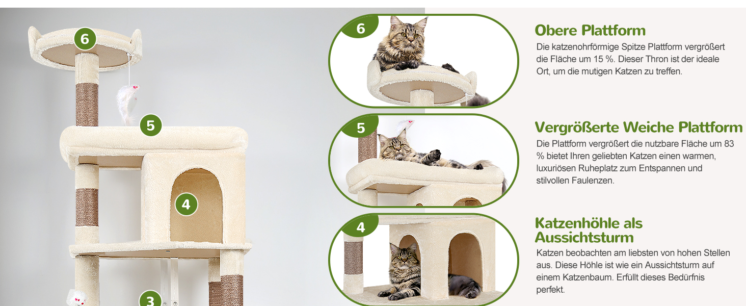 Драбина для котів Globlazer, 183 см, XXL, бежева. Місце для відпочинку, печери, стійка для великих котів (Maine Coon, BKH). Іграшки, активна зона.