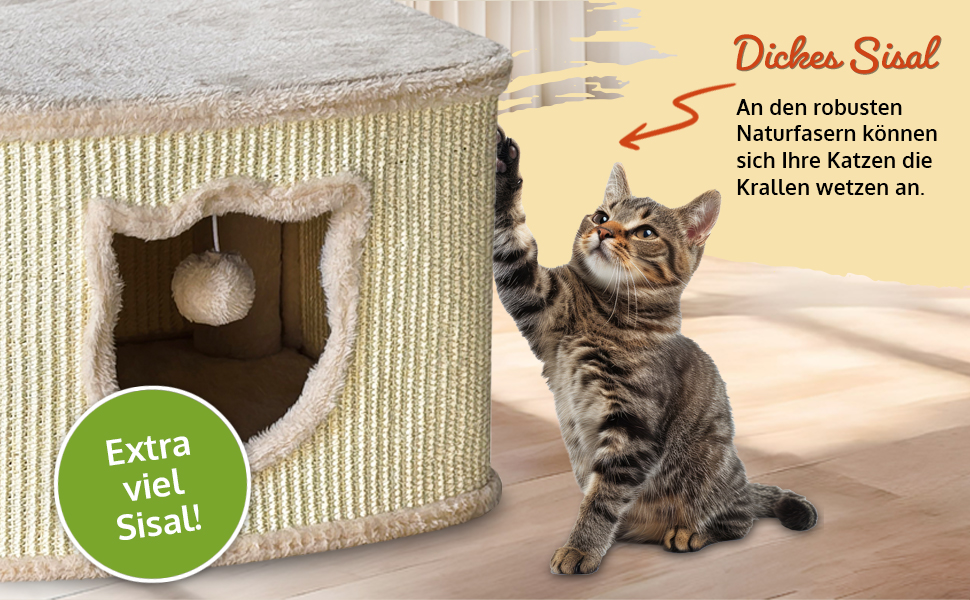 Преміум котячий будиночок Zooprinz – котячий кошик для кота – з товстими сизалевими стінами – печеринка з м'яким плюшем та іграшкою – котячий будиночок у скандинавському стилі (сірий)