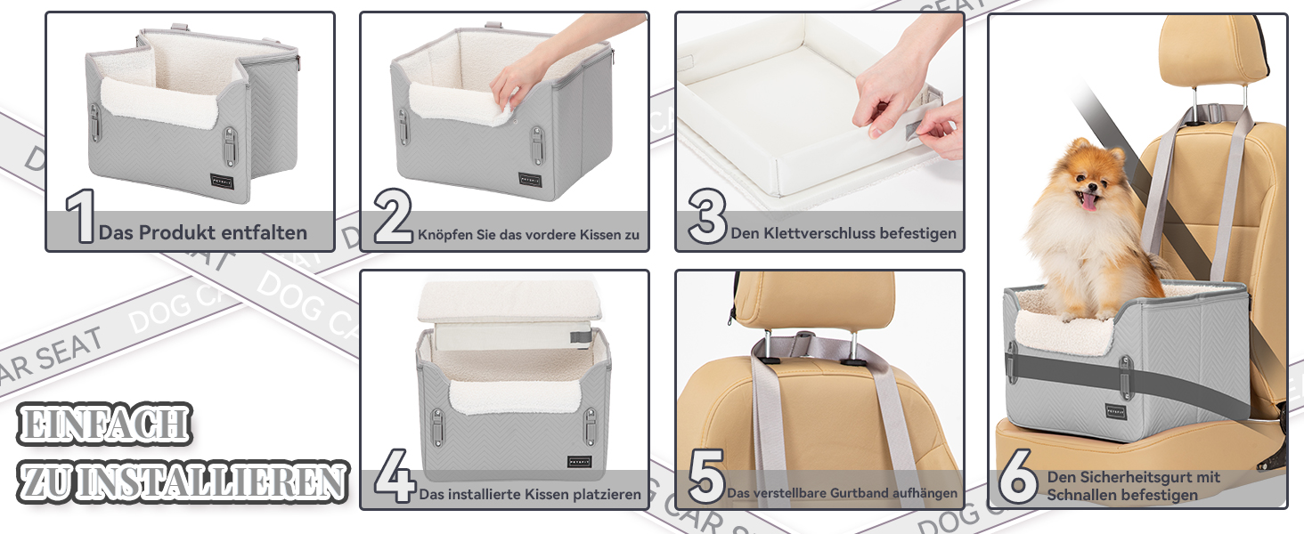 Автокрісло для собак Petsfit - стабільне та безпечне автокрісло для маленьких собак, з кріпленням для ременя безпеки, зручне ліжко-кошик з миючим плюшевим подушками, шкіряне сіре