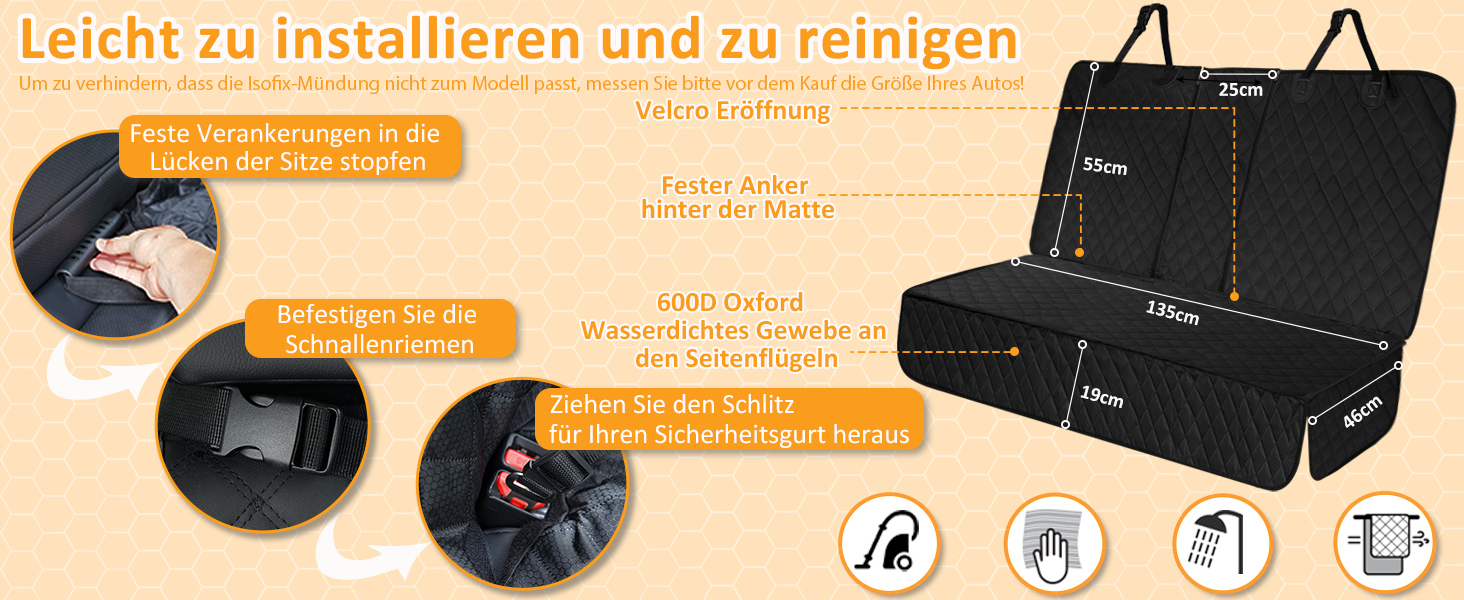 Захист для автосидіння для собак Angooni - водовідштовхувальний, антиковзаючий, стійкий до подряпин (135x120 см) - універсальний захист для заднього сидіння (135 см з ISOFIX)