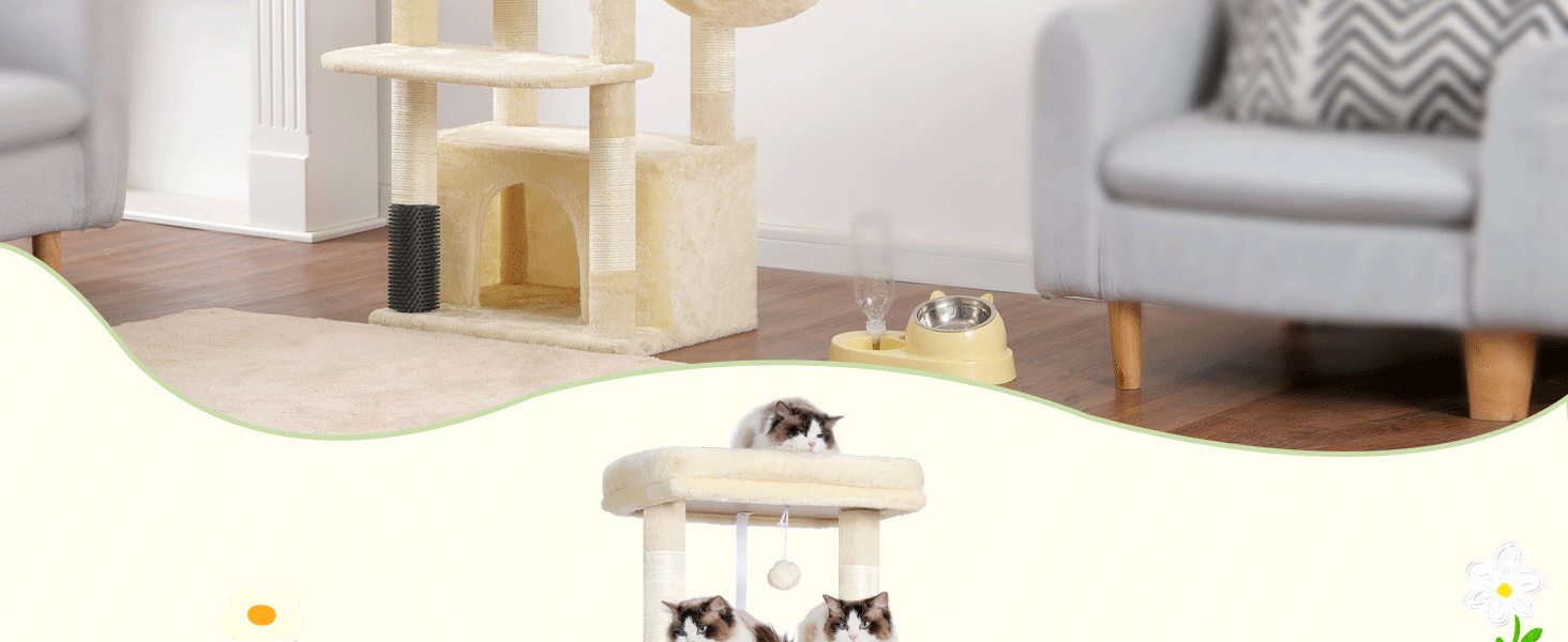 Котячий будиночок Hey-brother Kratzbaum для великих котів та Мейн-кунів, багатоярусний, з 2 платформами, 2 будиночками, великою печерею та щіткою, EMPJ070W (Бежевий)