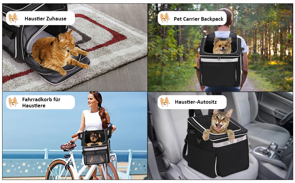 Сумка на велосипед для тварин, рюкзак для собак та котів з сіткою, складана переноска для малих та середніх собак та котів до 6 кг (Чорний)