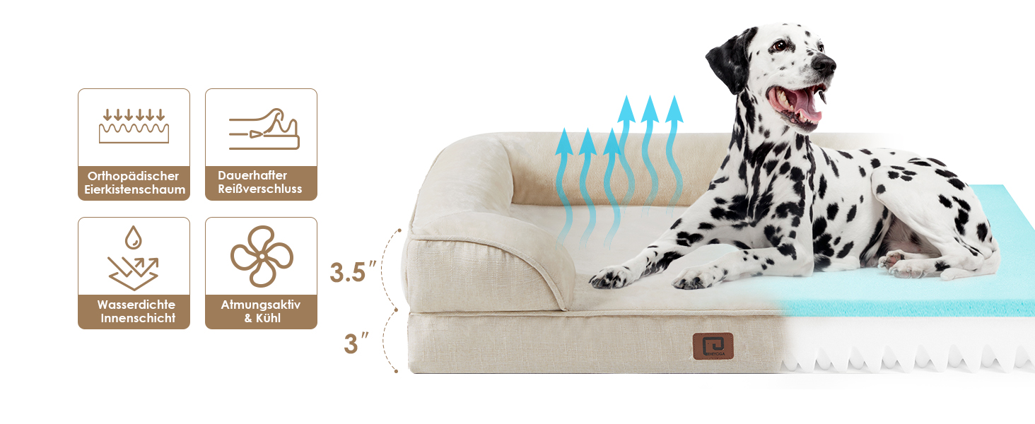 Ортопедичне ліжко для собак EHEYCIGA, 89x56 см, Memory Foam, для середніх та маленьких собак, вологостійке, з високим бортиком, бежеве