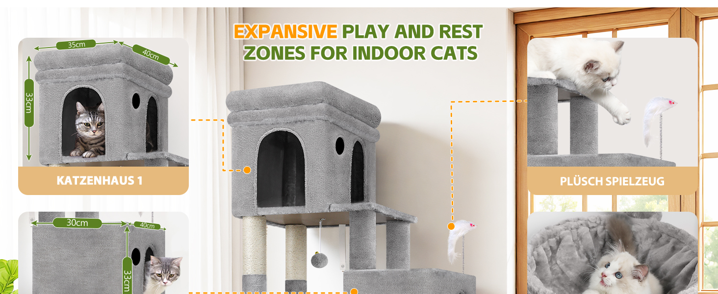 Дерево для котів Globlazer XL сірого кольору з великою печерою для 2-4 котів, когтеточкою з сизалю, м'яким кошиком та іграшками, висота 133 см