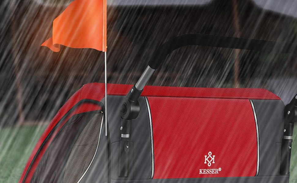 Дитячий причіп KESSER® 2в1 для велосипеда з поворотним з'єднанням 360° та амортизацією. Підходить для 1-2 дітей (до 40 кг), з 5-точковим ременем безпеки та прапором.