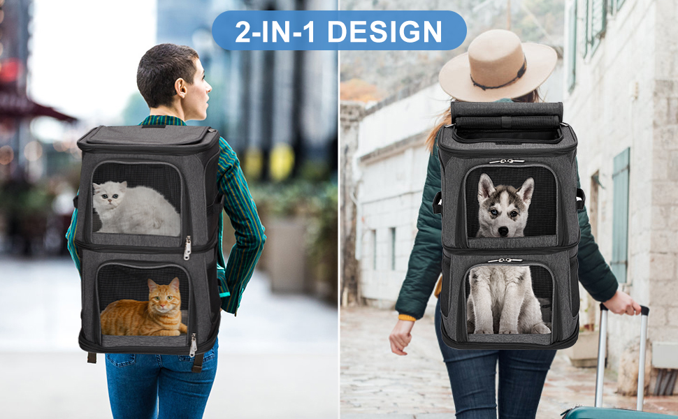 Рюкзак для котів та собак FASRIOU на 2 тварини до 12 кг, чорний, з матом та сіткою