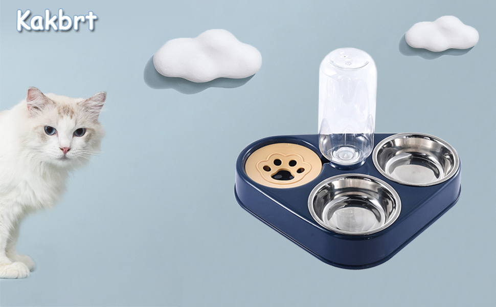 Миска для кота з нержавіючої сталі 3-в-1 з автоматичним дозатором води, подвійна миска для котів та собак маленьких та середніх порід (Блакитна)