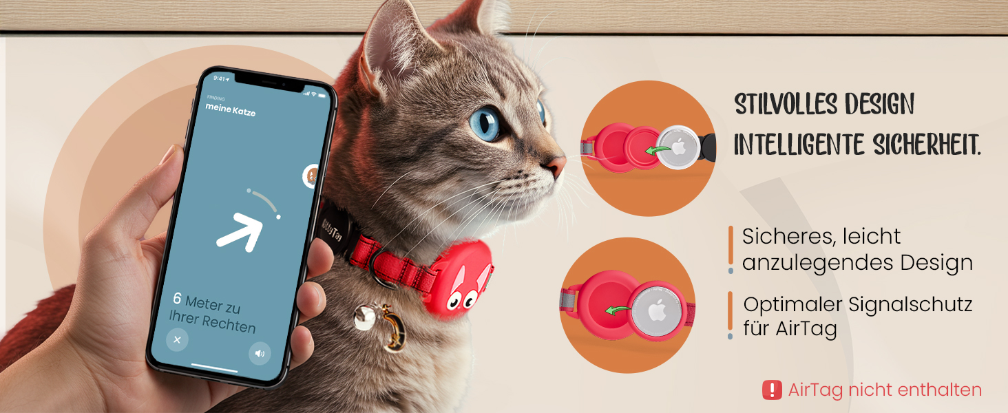 Нашийник для кота KittyTag з аксесуарами, сумісний з Apple Airtag, світловідбиваючий та світловий, GPS, з захистом від задушення, регульований (червоний)