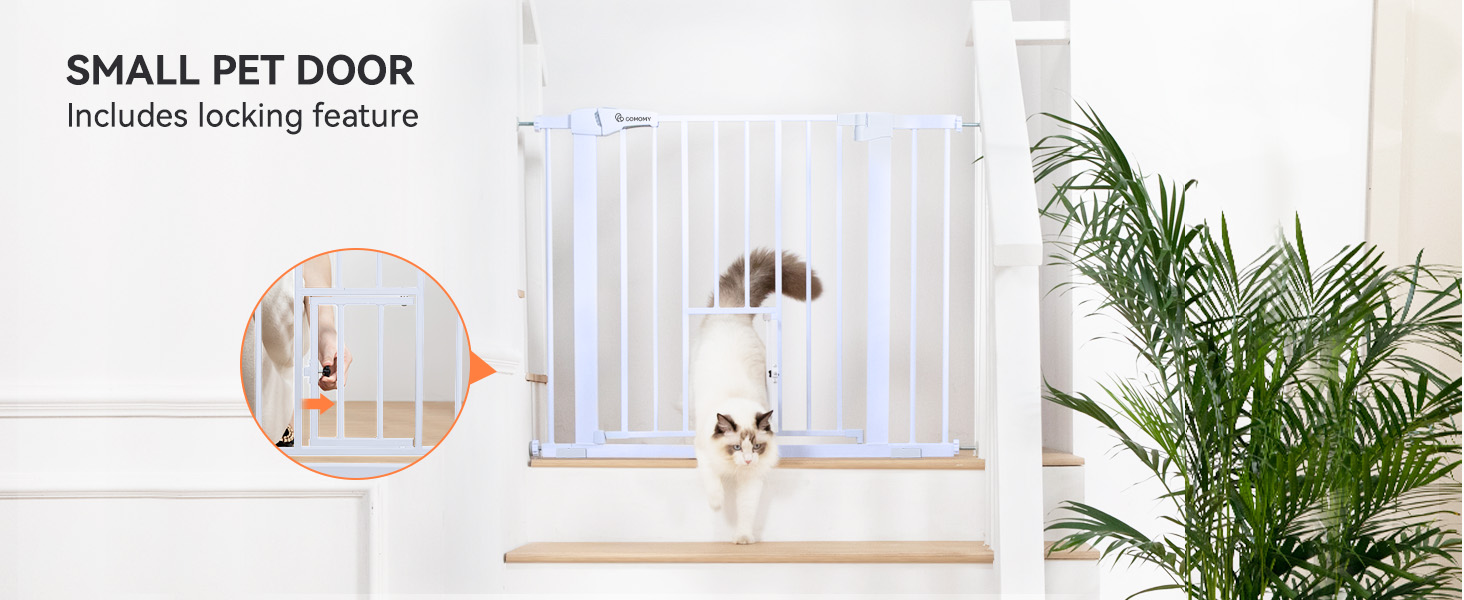 Захист для дверей COMOMY з дверцятами для котів, 75-103 см. Захист для собак та котів без свердління, автоматичне закриття, розширюваний, білий