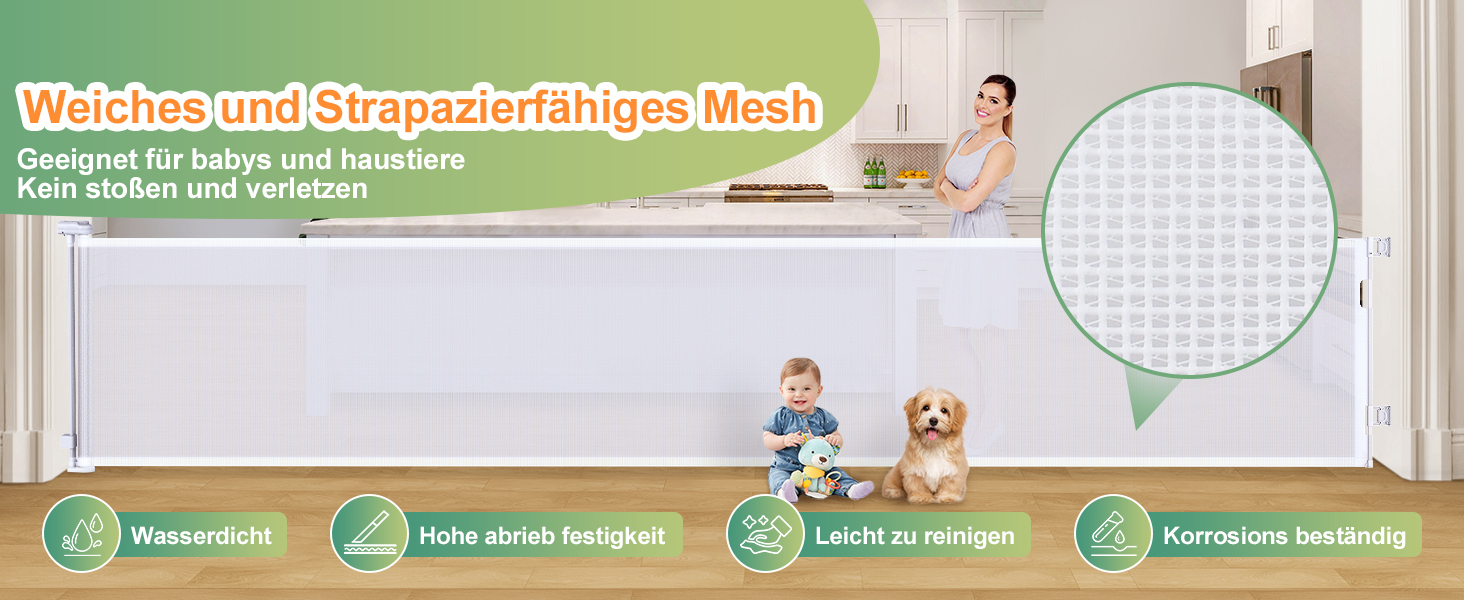 Розсувна захисна сітка для дитини та собаки, 400 см, біла. Захист для сходів/коридору/інтер'єру/екстер'єру. Висота 105 см, ширина 300 см.