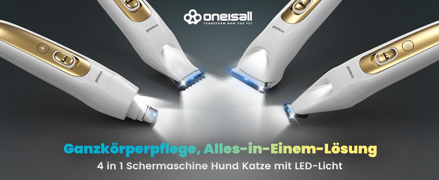 Машинка для стрижки собак і котів oneisall 4-в-1 з LED-підсвічуванням, триммер для лап та точилка для кігтів, акумулятор 2000mAh (біла)