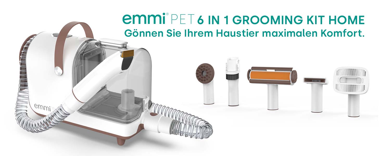 Набір для грумінгу Emmi-pet Grooming Kit Home – 6в1: машинка для стрижки собак, пилосос, тример, гребінець, 6 професійних насадок, 3 рівні всмоктування, догляд за собаками та котами, тихий мотор, контейнер 2.5л