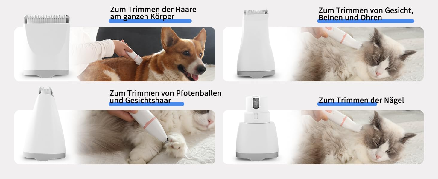 Airminti 4-в-1 Безшумна машинка для стрижки шерсті котів, USB-зарядка, 4 змінні насадки, машинка для собак, для догляду за очима/вухами/лапами/нігтями (Блакитна)