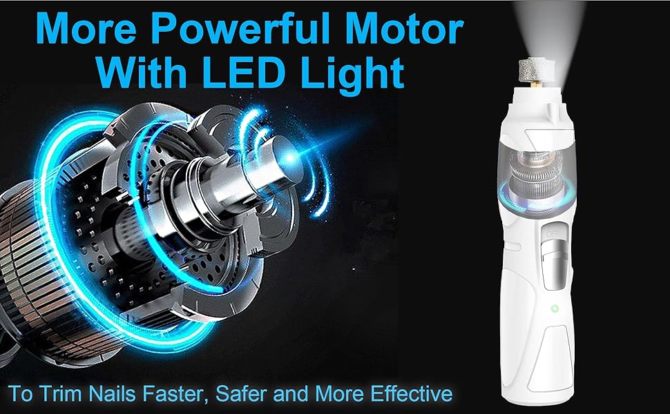 Електричний точило для кігтів собак та котів з LED-підсвічуванням та 2 колесами, безшумний точило для кігтів, білий