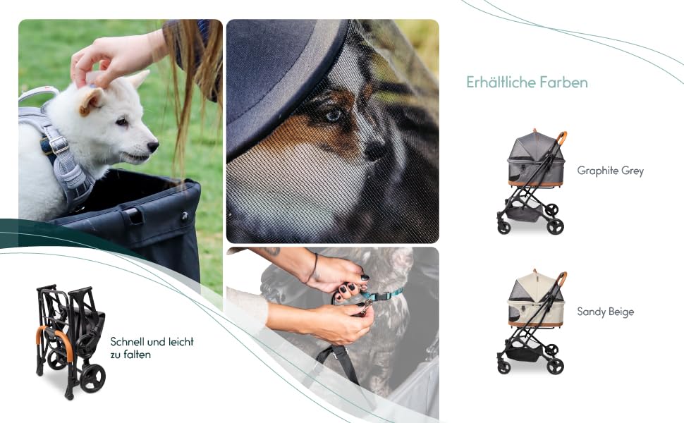 Візок для тварин WonderFold P2 для собак та котів з знімним кошиком, відкидним капюшоном з застібками та сітчастими віконцями, одноступеневе гальмо та легке складання, сірий колір Glacier Grey