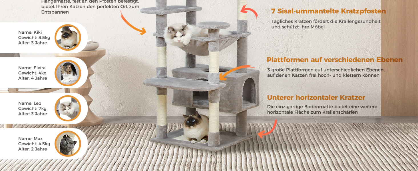 PAWZ Road Драбина-кіготь для великих котів, 184 см, сіра, з сизалевим покриттям, 2 стійки, будиночок та кошик