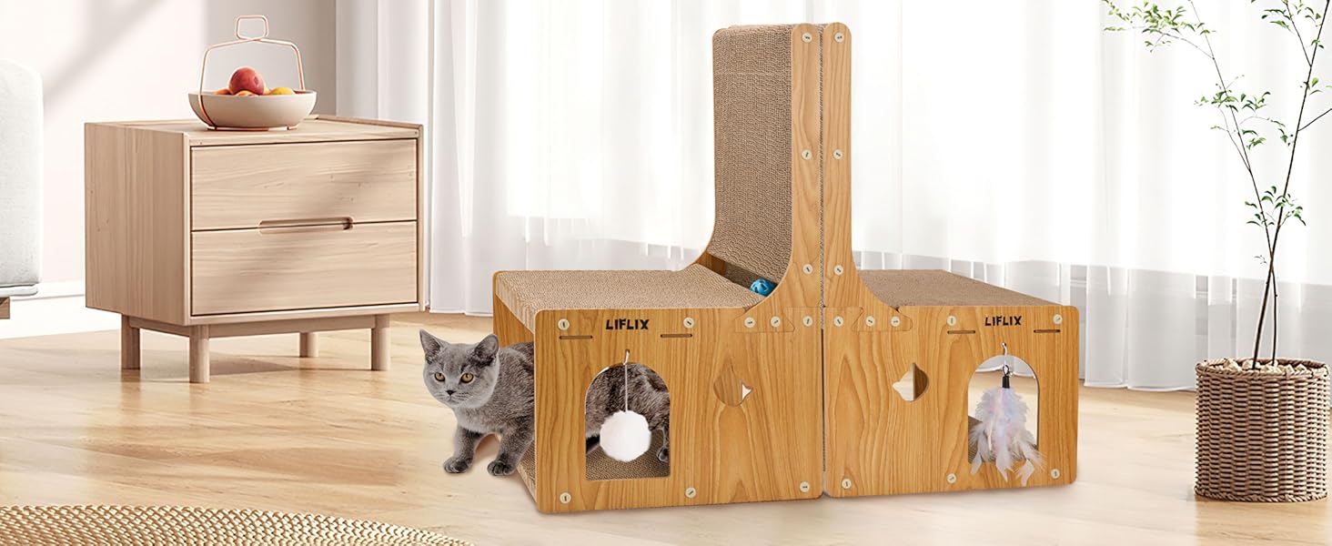 Крізь-дошка для котів LIFLIX L-подібної форми, 67 см, з будиночком для ігор та відпочинку, захист меблів