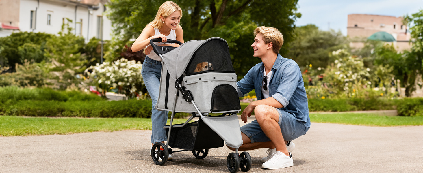 Візок для собак та котів YITAHOME 15 кг, 3 колеса, сітчасте вікно, гальма, міцний, сірий