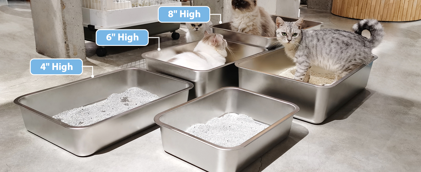 IKITCHEN Великий лоток для котів з нержавіючої сталі (50x35x20 см), туалет для котів та кроликів, без запаху, без плям, антикорозійний, з гладкою поверхнею, з антиковзким гумовим дном, срібний