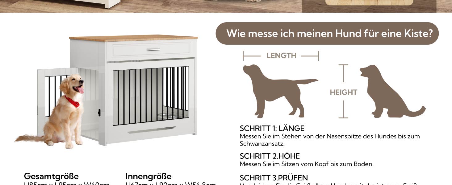 DAWNYIELD Клітка для собак, меблі для тварин, дерев'яний вольєр з відкриваючимся верхом, шухляда, меблевий стиль, внутрішній вольєр для собак, стіл з поворотним мисником на 360°, білий колір, ковзаюча дверцята білого кольору