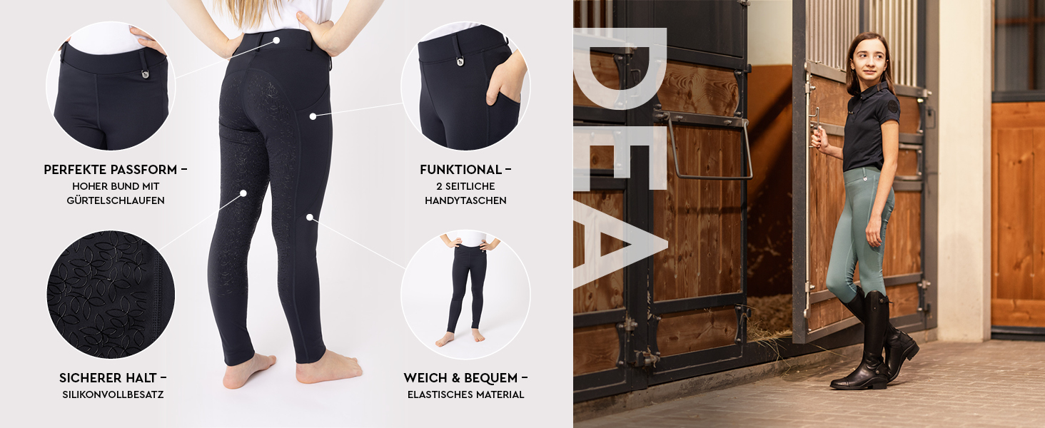 Дитячі верхові штани HORZE DEA, 122-128, Arctic Blue - повний обтиск, кишеня для телефону, петлі для ременя