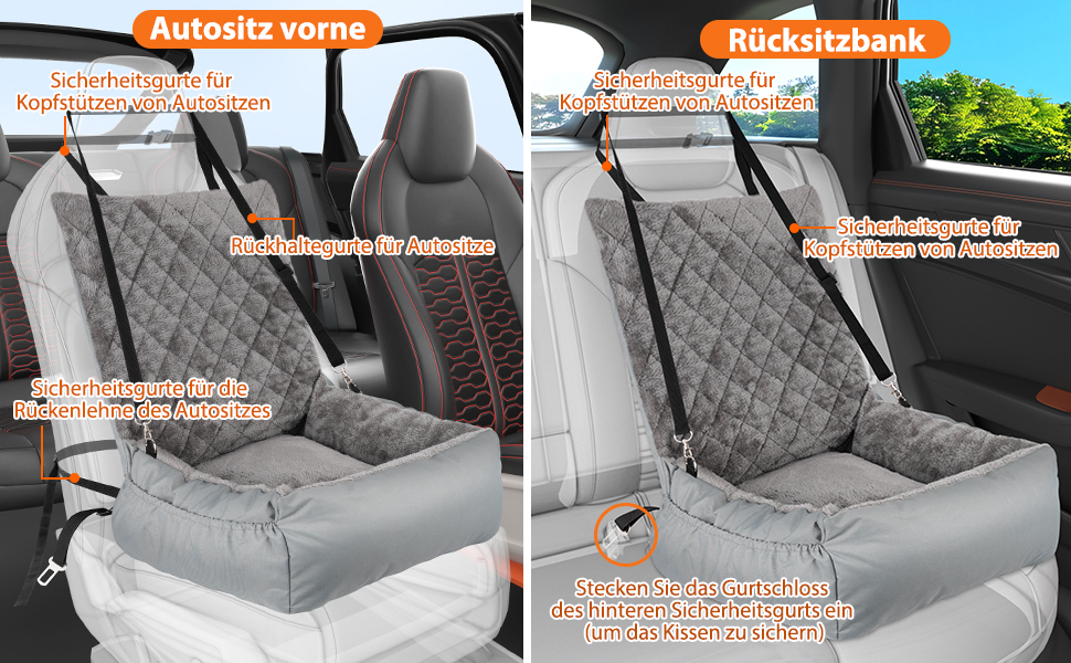 Автокрісло для собак SIVEIS – м'яке ліжко з кишенькою, для собак малого та середнього розміру, з ременем безпеки (02-Сіро-блакитний)