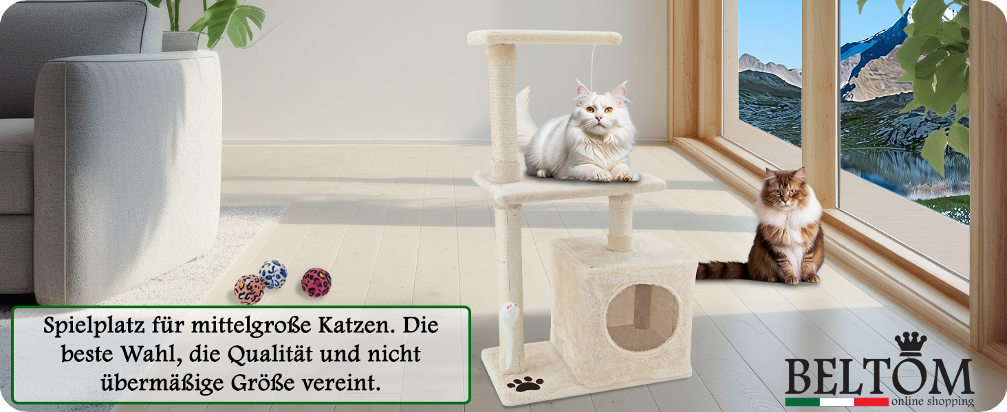 Дерев'яний комплекс для котів Beltom з огородженим будиночком, 85 см, бежевий