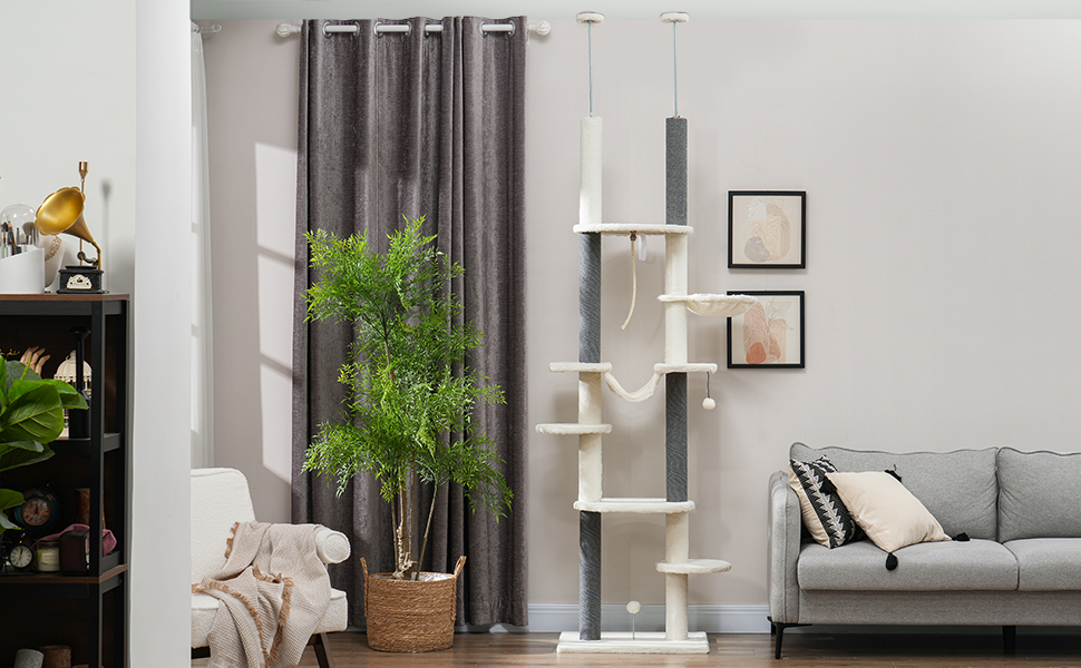 Дерево для котів PawHut - кігтеточка, ліжко-гамак, корзина, іграшки, захист від перекидання, білий, 225-255 см