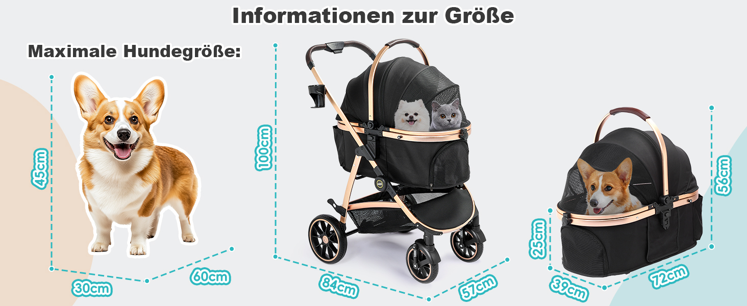 Візок для собак DAISTERN, чорний, до 25 кг, 4-в-1, алюмінієвий, з поворотним колесом EVA та гальмом