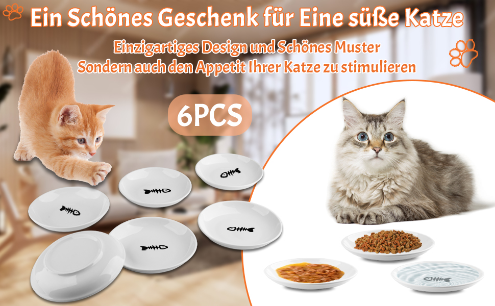 Набір мисок для котів CROUTE (6 шт.) - керамічні, плоскі, анти-високочування, білий (візерунок 'Рибка')