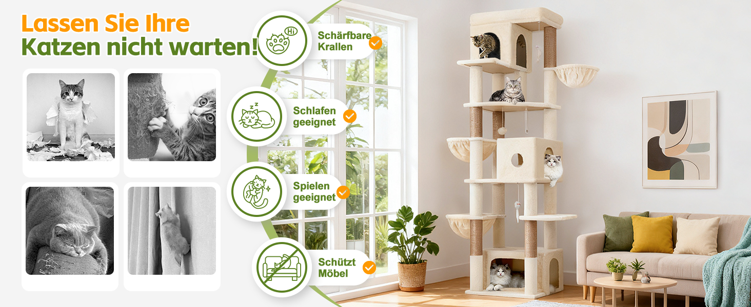 Драбина для котів Globlazer Beige XXL 204 см з 3 будиночками, 2 платформами, 3 м'якими кошиками. Стабільна для 3-5 котів.