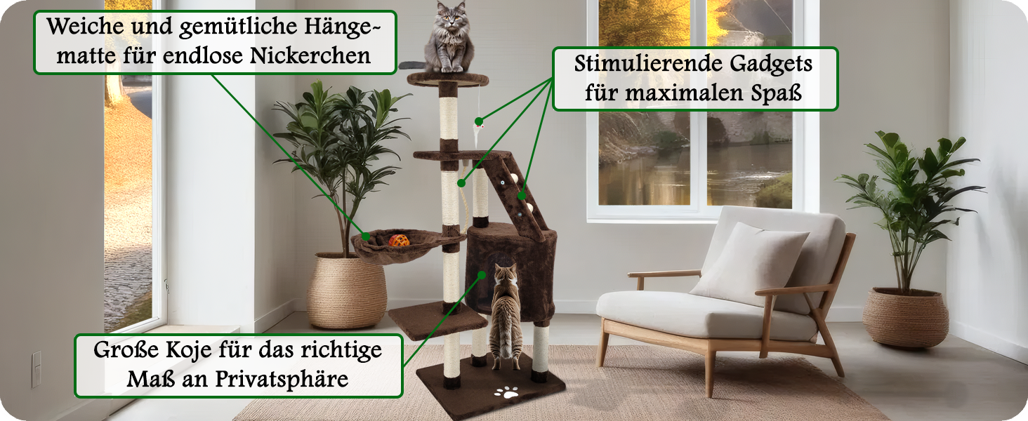 Дерев'яний кігтеточка для котів Beltom® з ігровим комплексом, 120 см, коричнева