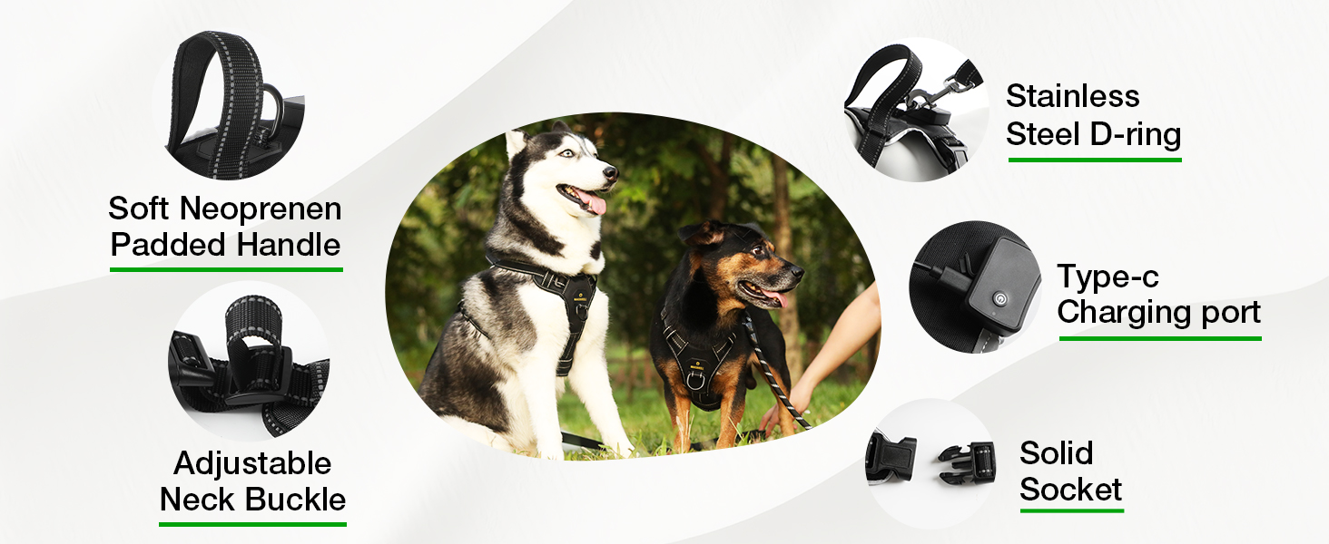 Світловідбиваючий нашийник для собак Masbrill з LED-підсвічуванням, регульований, з ручкою, м'який, для малих, середніх та великих собак (Синій L), Чорно-синій, TC3005B L Чорно-синій