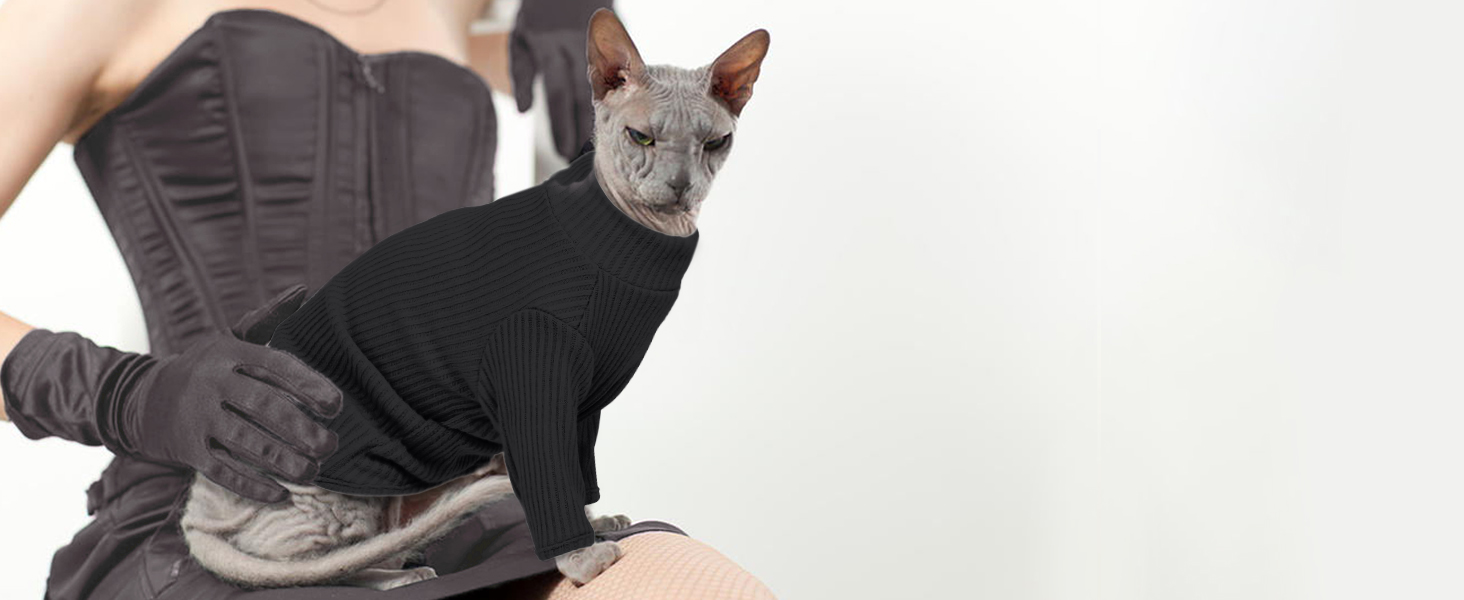 В'язаний жилет для безшерстих котів з високим коміром, чорного кольору. Дихаючий одяг для Sphynx, Cornish Rex, Devon Rex, Peterbald. Теплий пуловер-піжама для котів.