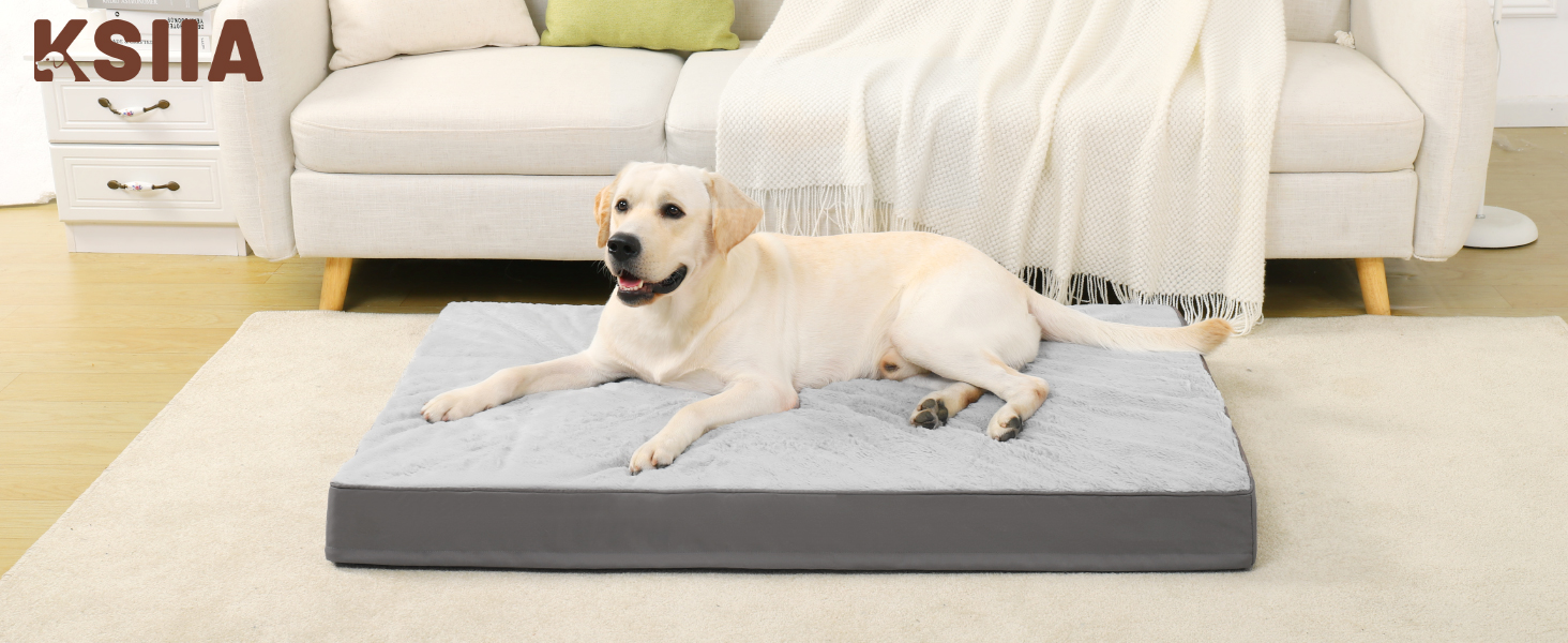 Ортопедичне ліжко для собак великих порід KSIIA, 91x68 см, знімний ковпак, двостороннє, сіре, 75x47x7 см