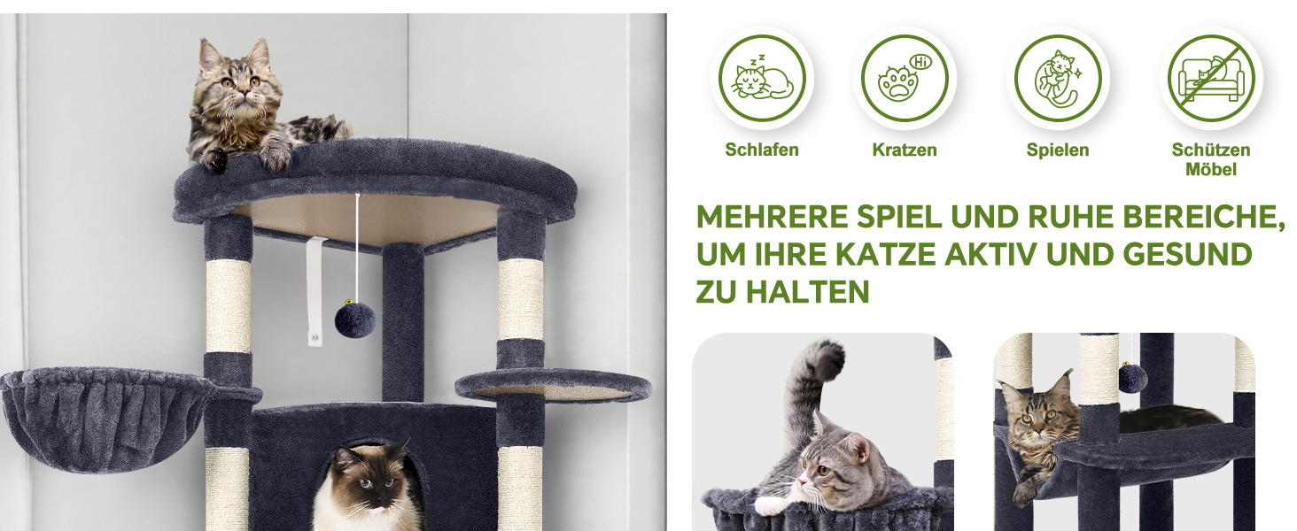 Котячий будиночок Globlazer з когтеточкою, 130 см, XL, темно-сірий. Стабільний кутовий комплекс з будиночком, платформою, гамаком та м'яким кошиком для великих котів.