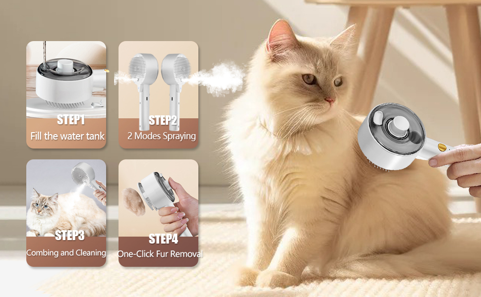 Двостороння щітка для котів з парою 4-в-1: масаж, догляд та видалення шерсті. Біла щітка з парогенератором для котів