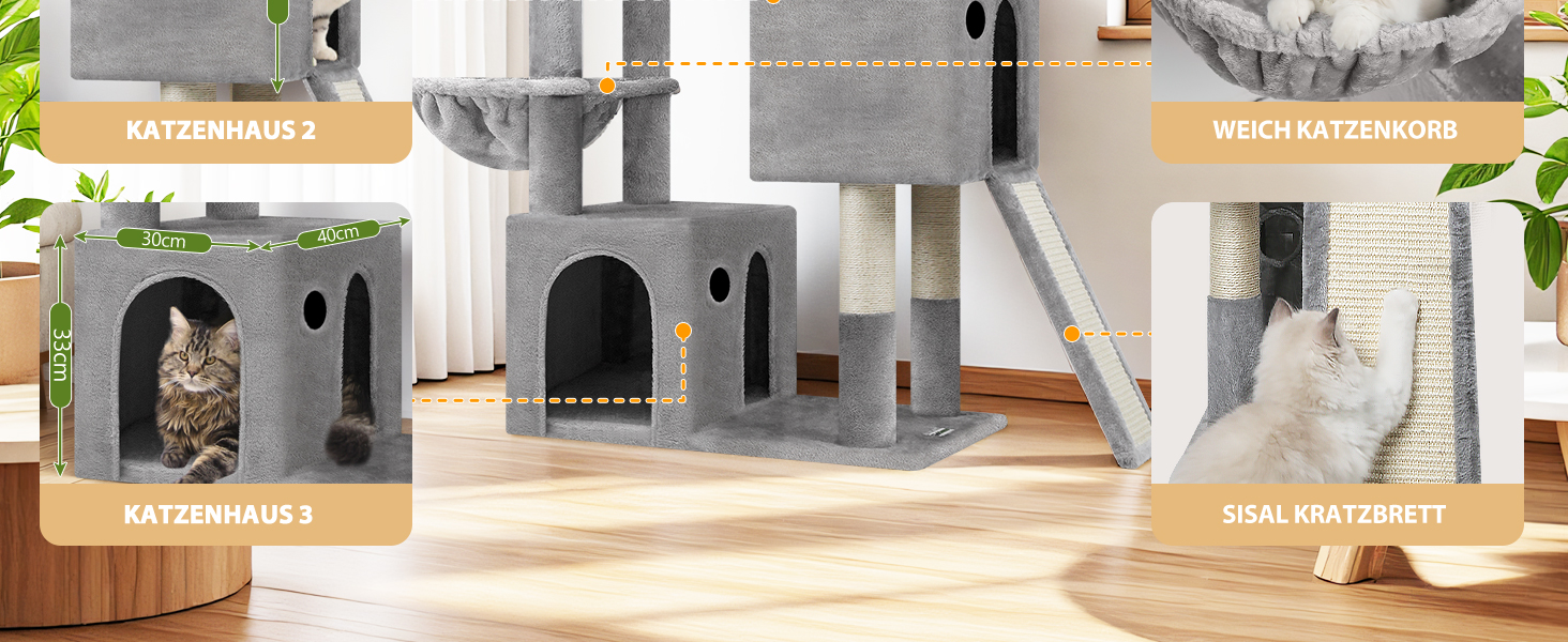 Дерево для котів Globlazer XL сірого кольору з великою печерою для 2-4 котів, когтеточкою з сизалю, м'яким кошиком та іграшками, висота 133 см