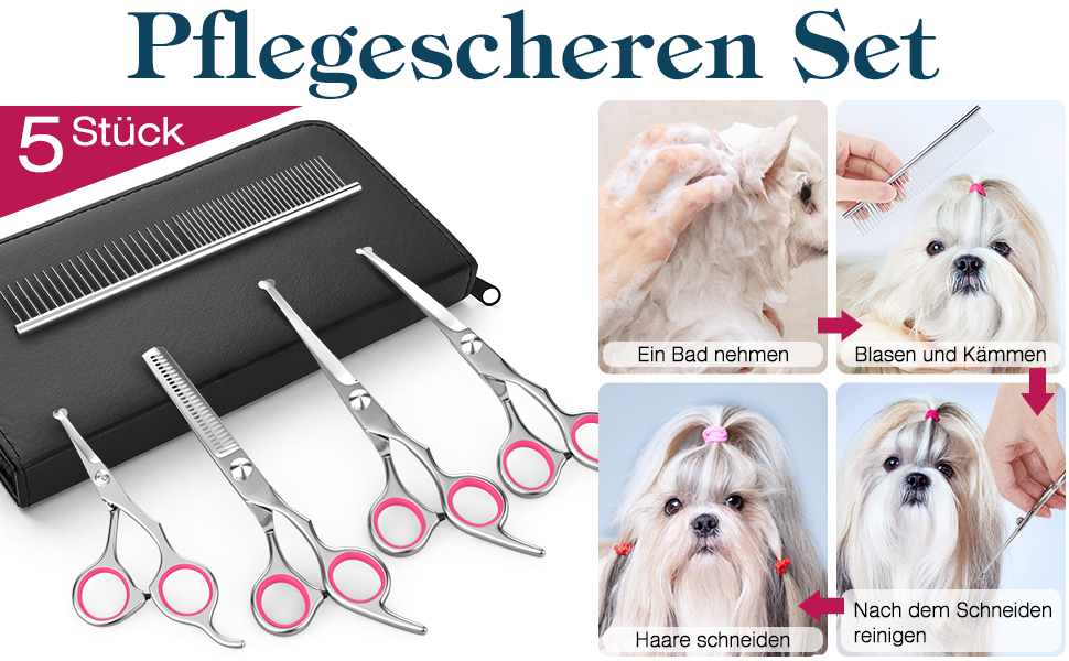 Набір професійних ножиць для грумінгу собак Pawaboo (5 шт.), рожевий