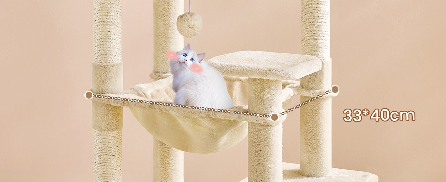 Кігтеточка для котів MSmask велика, стабільна, багатоярусна з 2 платформами, 2 будиночками, гамаком та сизалевими стовпчиками (Бежевий, 160 см)