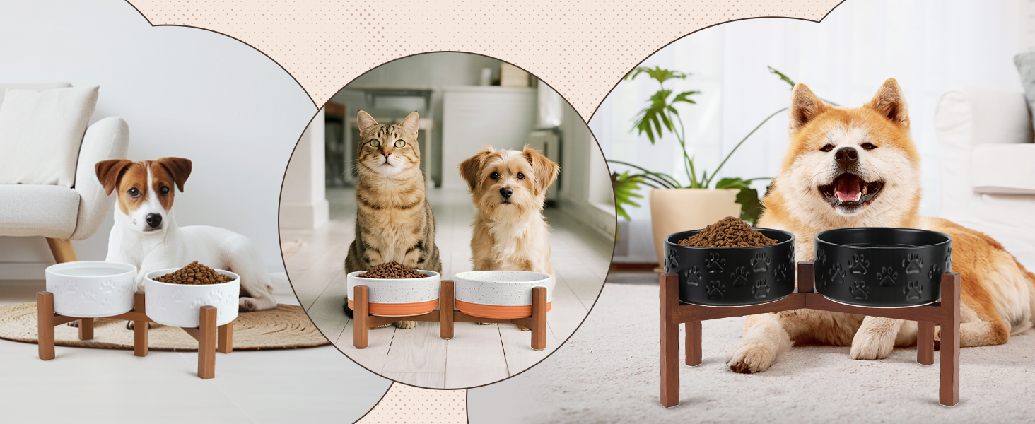 Миска для собак SpunkyJunky з кераміки, подвійна, на підставці з акації, 1800 мл, біла