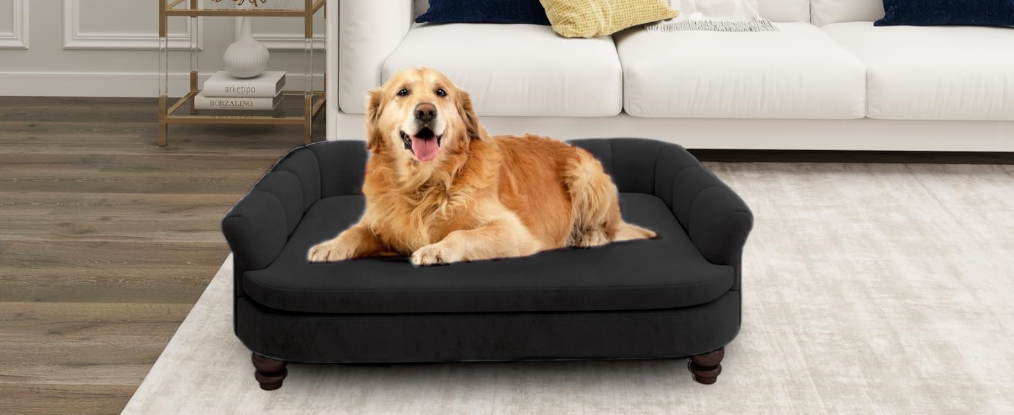 Диванчик для собак SEYNAR: зручний лежак для великих та середніх собак, м'яке велюрове покриття, міцні собачі меблі для вітальні, миється, чорний колір