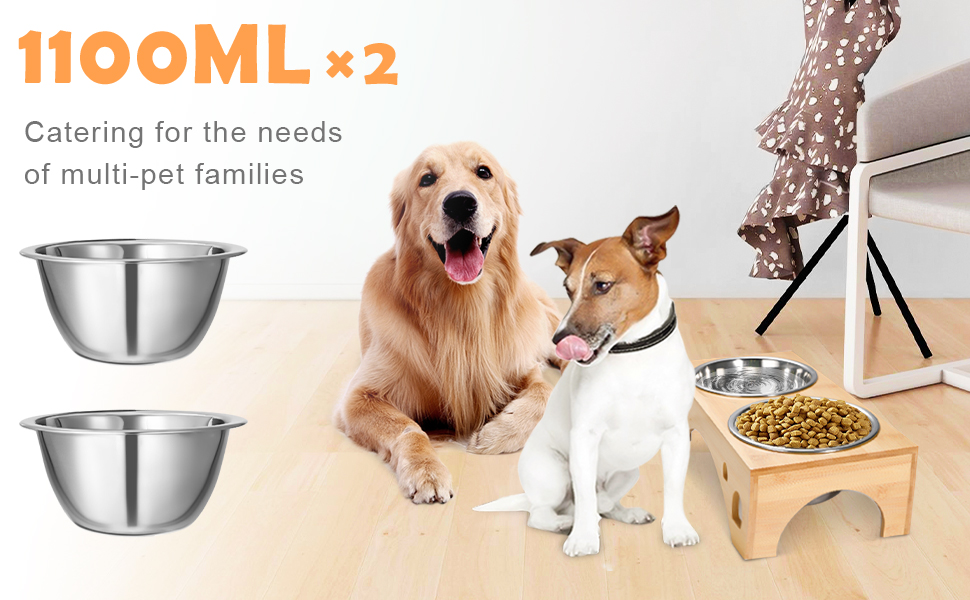 Набір мисок для собак FoiiLiio з нержавіючої сталі (2 шт., 1100 мл), підставка з бамбука, годівниця для собак