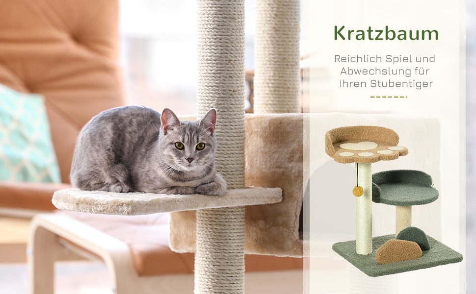 Котячий будиночок PawHut: невеликий когтетоп з 2 рівнями, м'ячик, сизаль, до 5 кг