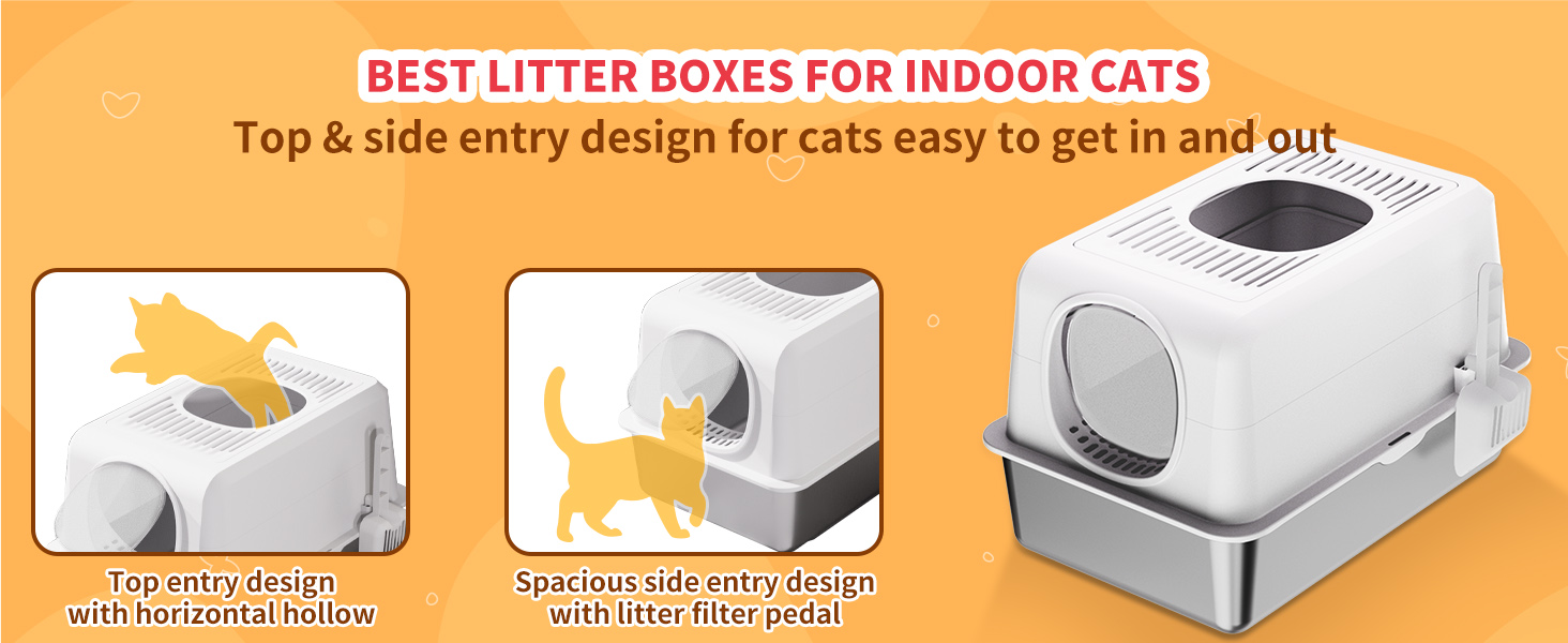 Лотку для котів з нержавіючої сталі з кришкою, великий, для великих котів, з совоком та килимком сірого кольору