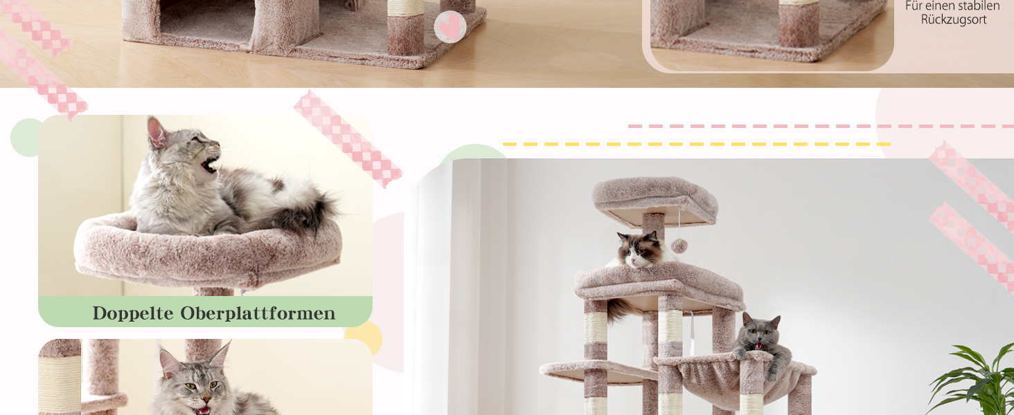 Кігтеточка Heybly Kratzbaum 180 см: велика, стійка, з будиночком, гамаками, для мейн-кунів та інших великих котів, коричнево-бежева