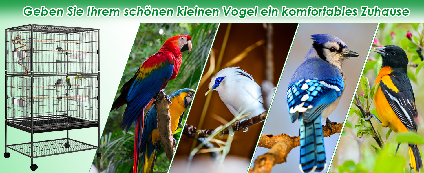 Клітка для птахів велика, металева, на 4 колесах, для хвилястих попугаїв з годівницею, іграшками, гойдалкою, 2 дверцятами, 4 дерев'яними перекладинами, 132 x 78 x 52 см